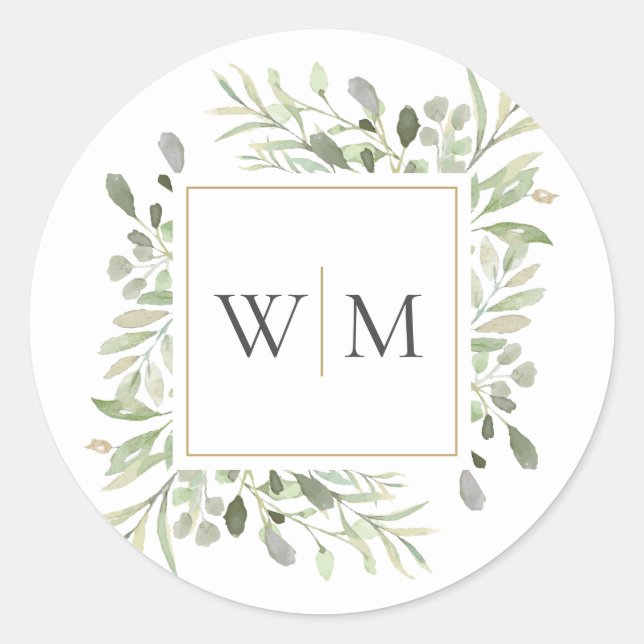 Monogram Greenery Modern Gold Wedding Classic Round Sticker (Front)