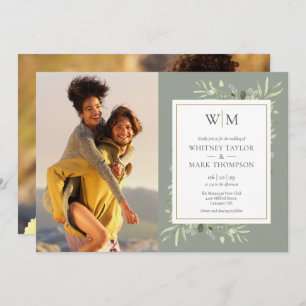 Monogram Greenery Sage Green Photo Wedding Invitation