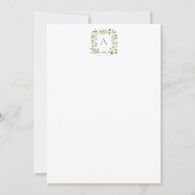 Monogram Greenery Wreath & Bow Thank You Card (Front)