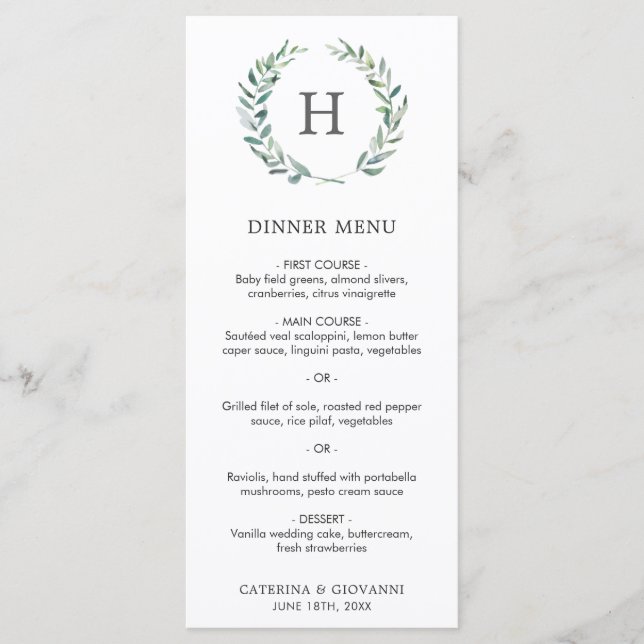 Monogram Greenery Wreath Elegant Wedding Menu (Front)