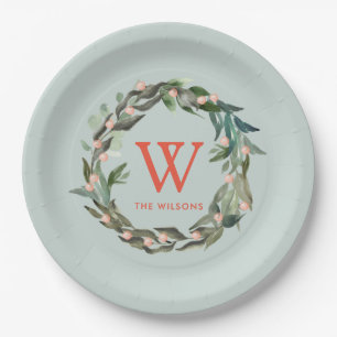 Monogram Greenery Wreath Holiday Green Paper Plate