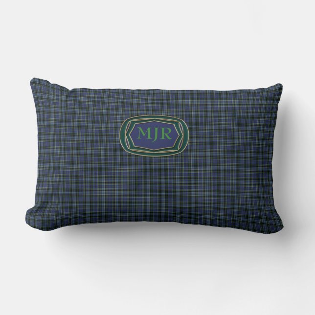 Monogram Greens Blues Scottish-style Tartan Plaid Lumbar Cushion (Front)
