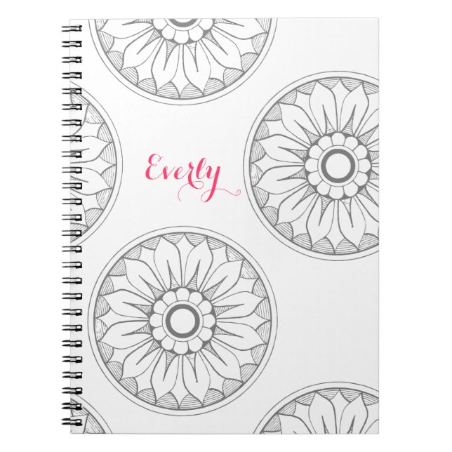 Monogram Grey and Pink Modern Medallion Pattern Spiral Notebook (Front)