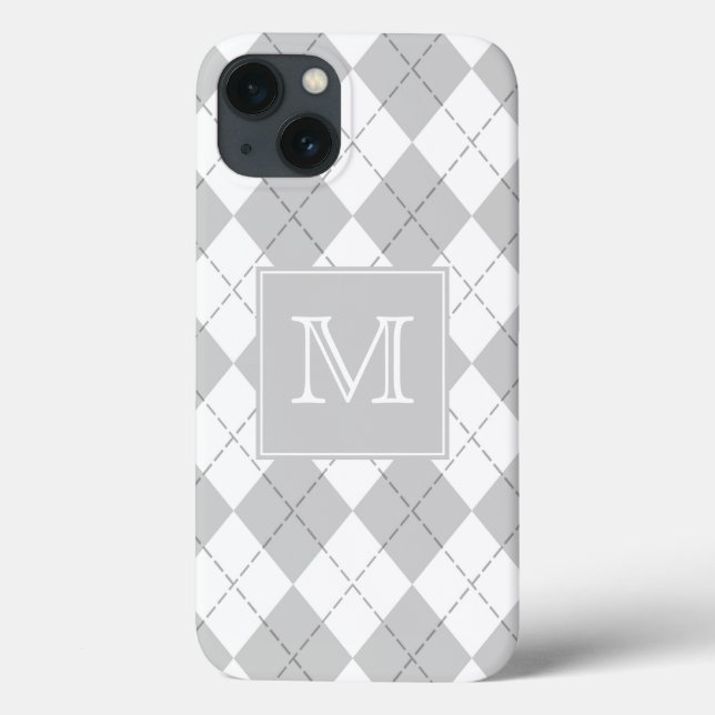 Monogram Grey and White Argyle Case-Mate iPhone Case (Back)