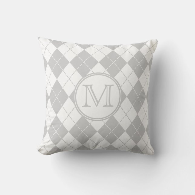 Monogram Grey and White Argyle Throw Pillow (Front)