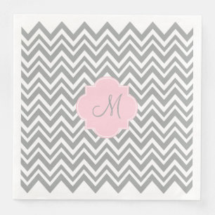 Monogram Grey and White Chevron with Pastel Pink Napkin