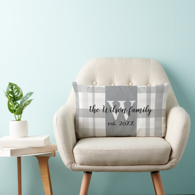 monogram grey and white plaid custom lumbar cushion (Chair)