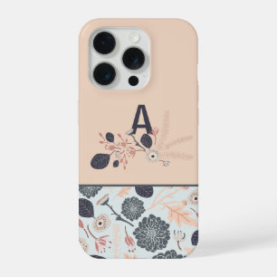 Monogram Grey Blue Peach Floral iPhone 15 Pro Case