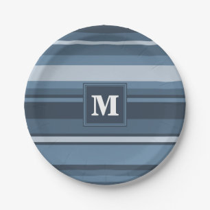 Monogram grey-blue stripes paper plate