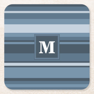 Monogram grey-blue stripes square paper coaster