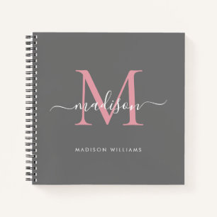 Monogram Grey Blush Pink Elegant Initial Script Notebook
