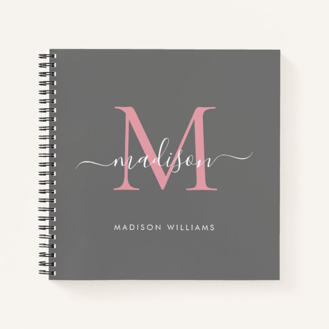 Monogram Grey Blush Pink Elegant Initial Script Notebook (Front)