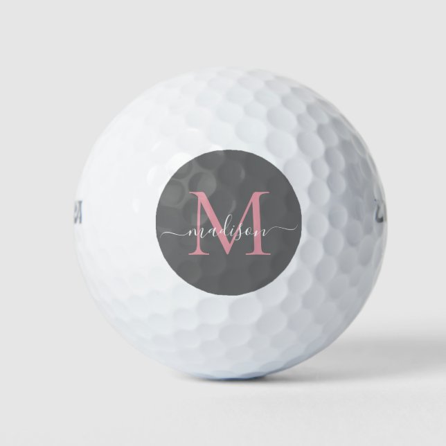 Monogram Grey  Blush Pink Feminine Girly Script Golf Balls (Front)