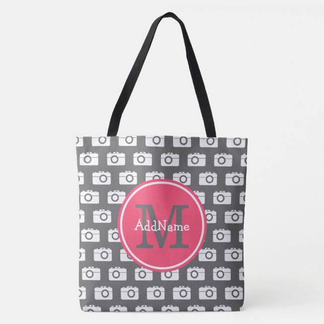 Monogram Grey Camera Pattern & Pink Custom Name Tote Bag (Front)