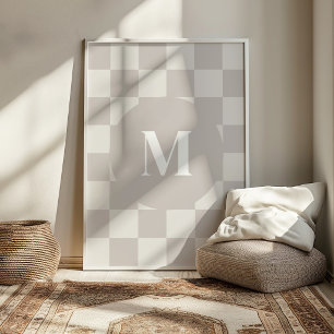 Monogram Grey Chequered Pattern Custom Initial Poster