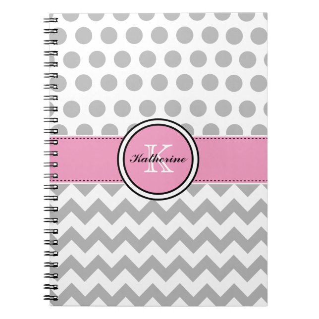 Monogram Grey Chevron and Pink Spiral Notebook (Front)
