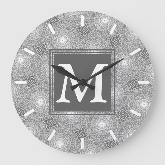 Monogram grey circles pattern large clock (Front)