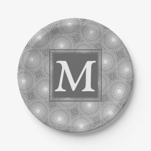 Monogram grey circles pattern paper plate