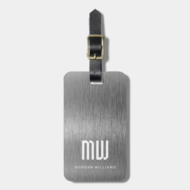 Monogram Grey Faux Metal Steel Foil Luggage Tag (Front Vertical)