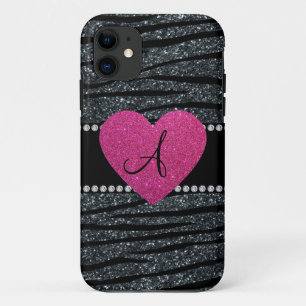 Monogram Grey glitter zebra stripes pink heart iPhone 11 Case