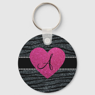 Monogram Grey glitter zebra stripes pink heart Key Ring