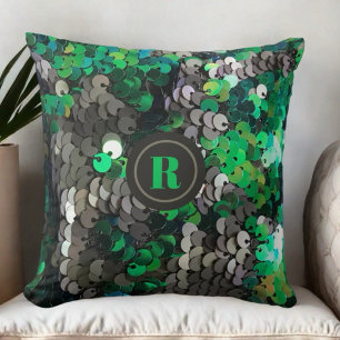 Monogram grey green sequins shiny glam elegant cushion