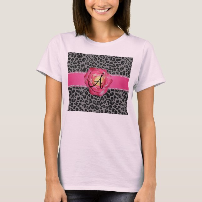 Monogram grey leopard print pink rose T-Shirt (Front)