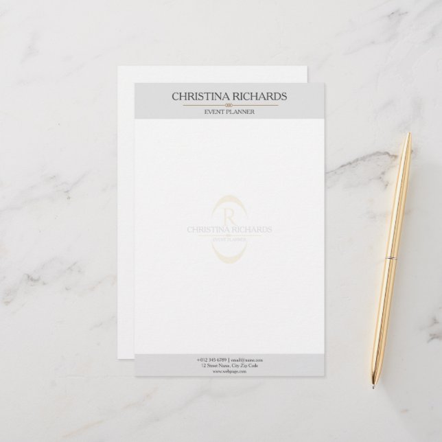 Monogram Grey Modern Elegant Business Stationery (Front/Back In Situ)