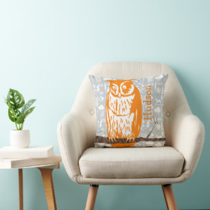 Monogram Grey & Orange Coral Baby Boy Vintage Owl Cushion