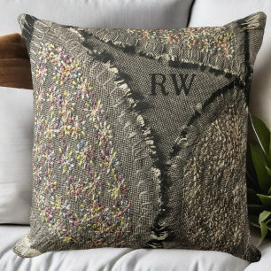 Monogram grey printed linen look floral grunge cushion
