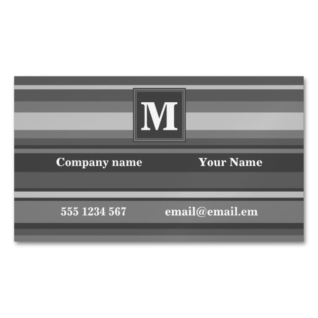 Monogram grey stripes magnetic business card (Front)
