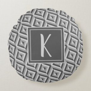 Monogram Grey Three-Tone Diamond Pattern Round Cushion