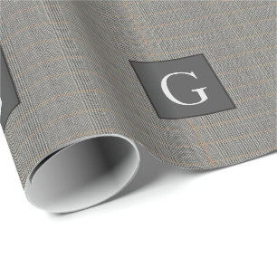 Monogram Grey Tweed Groomsman Bestman Wedding Gift Wrapping Paper
