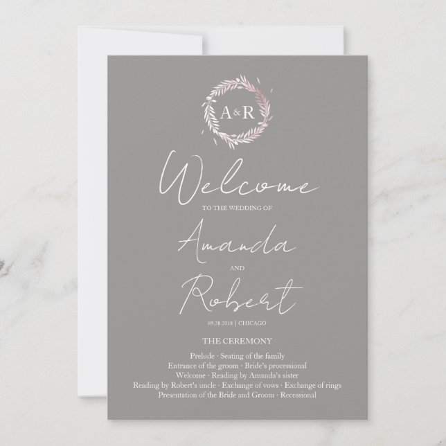 Monogram Grey Wedding Ceremony Program Invitation (Front)