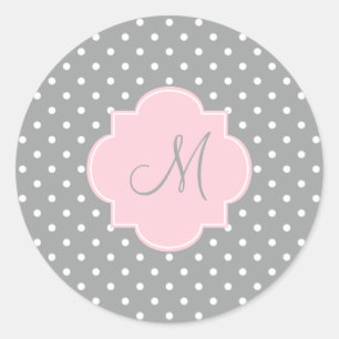 Monogram Grey, White and Pastel Pink Polka Dot Classic Round Sticker