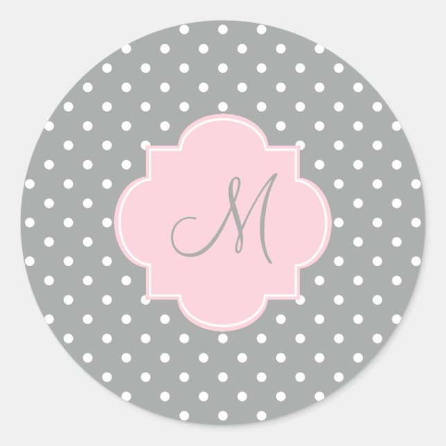 Monogram Grey, White and Pastel Pink Polka Dot Classic Round Sticker (Front)