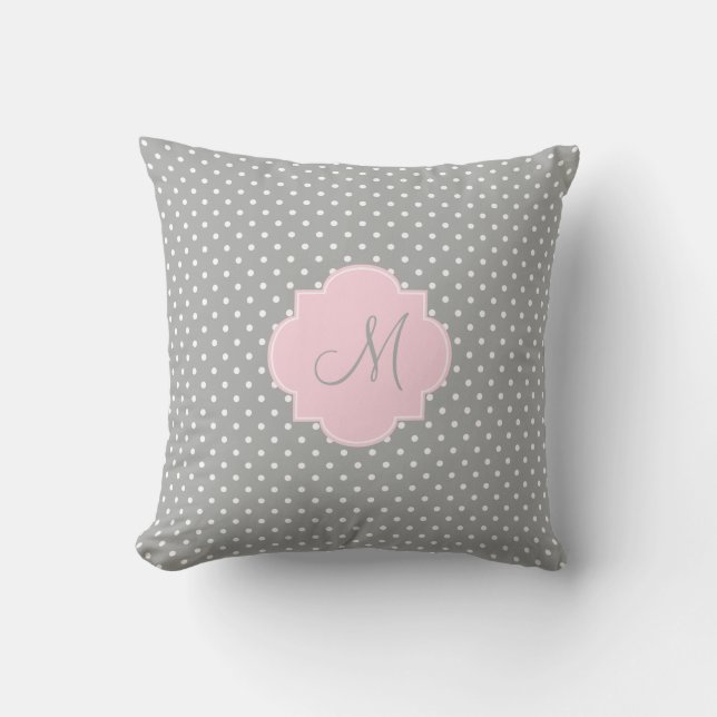 Monogram Grey, White and Pastel Pink Polka Dot Outdoor Cushion (Front)