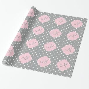 Monogram Grey, White and Pastel Pink Polka Dot Wrapping Paper