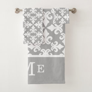 Monogram Grey White Fleur-de-lis Editable Bath Towel Set