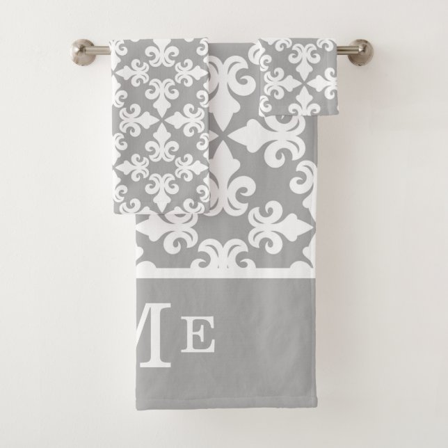 Monogram Grey White Fleur-de-lis | Editable Bath Towel Set (Insitu)