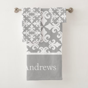 Monogram Grey White Fleur-de-lis Personalised Bath Towel Set