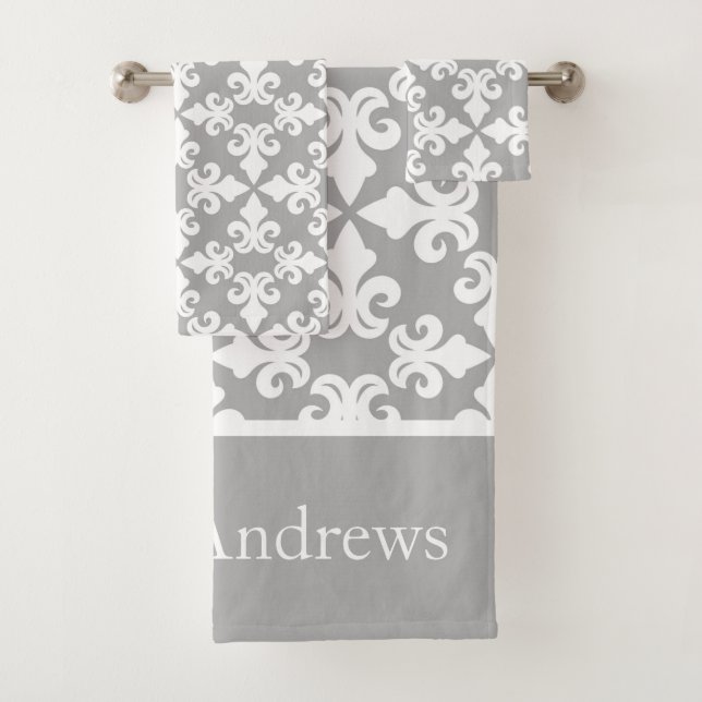 Monogram Grey White Fleur-de-lis Personalised Bath Towel Set (Insitu)