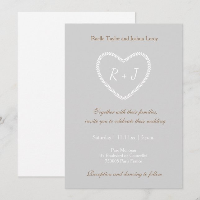 Monogram Grey White Gold Heart Shaped Wedding Invitation (Front/Back)