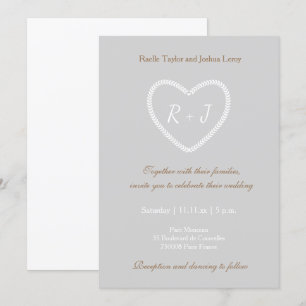 Monogram Grey White Gold Heart Shaped Wedding Invitation