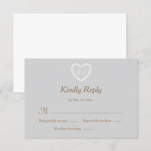 Monogram Grey White Gold Heart Shaped Wedding RSVP Invitation