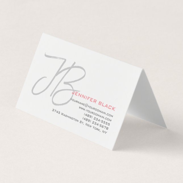 Monogram Grey White Plain Calligraphy Script Business Card (Front)