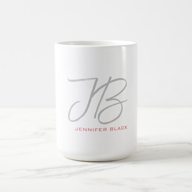 Monogram Grey White Plain Calligraphy Script Coffee Mug (Center)