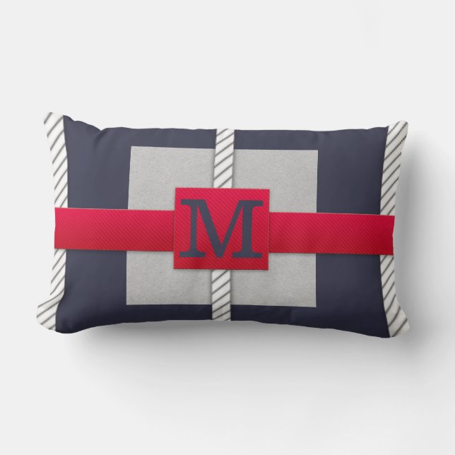 Monogram Grey & White Striped | Any Size | Custom Lumbar Cushion (Front)