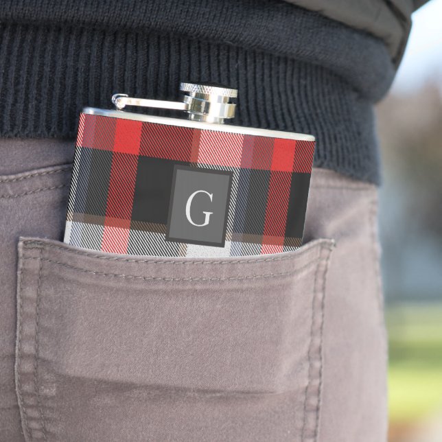 Monogram Groomsmen Best Man Red Grey Tartan Black Hip Flask (In Situ)