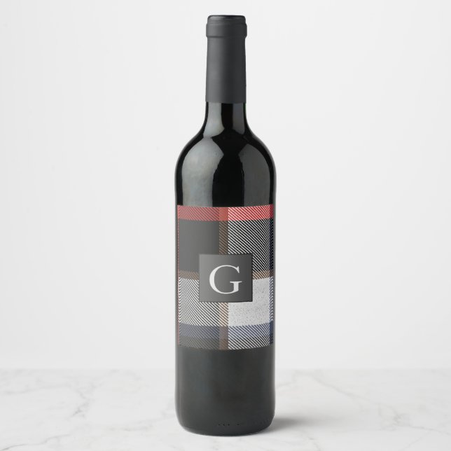 Monogram Groomsmen Best Man Red Grey Tartan Black Wine Label (Front)